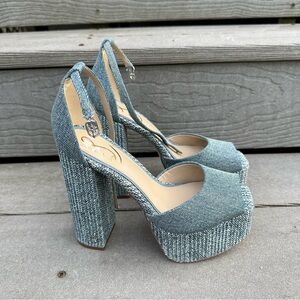 Sam Edelman Kori Platform Chunky Heels Washed New Blue Peep Toe Denim-look